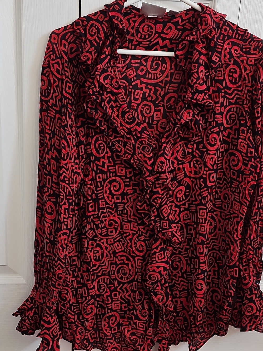 Chico's Red and Black Geometric Ruffle Silk Blouse,L